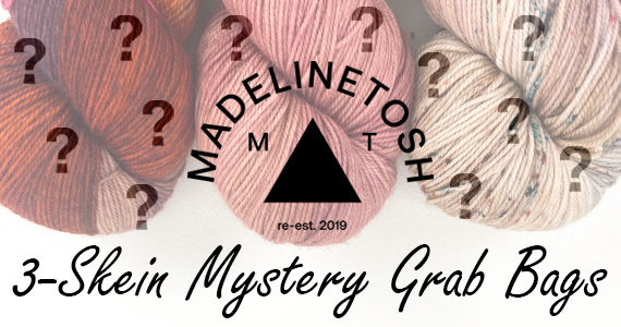 Madelinetosh Mystery Fade Grab Bags text over colorful skeins of yarn