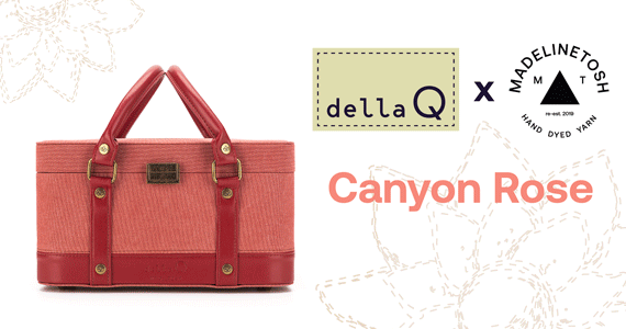 A gif of different photos of pink knit bags and accessories + text that says della Q x Madelinetosh Canyon Rose
