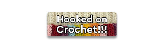 Hooked on Crochet! text over a colorful crochet swatch