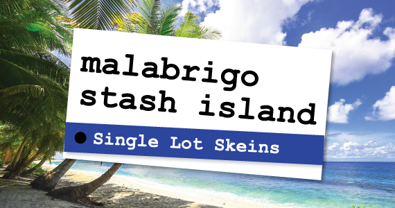 Malabrigo Stash Island Single Lot Skeins text over a photo of a beach