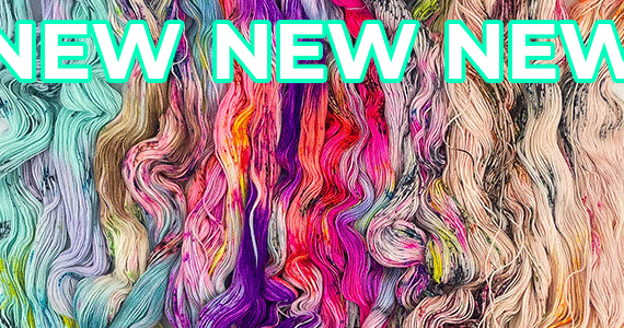 A gif of New New New colored text over bright colorful yarn