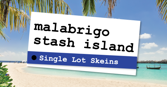 Malabrigo Stash Island Single Lot Skeins text over a photo of the beach