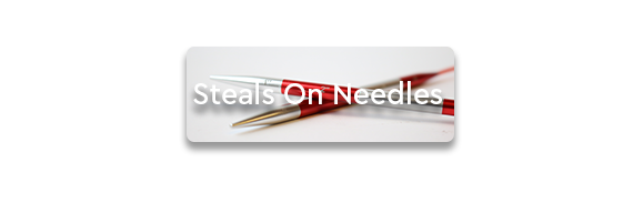 Steals on Deals! text over a pair of knitting needles