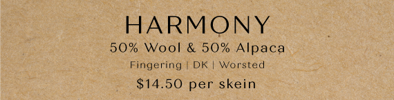 Harmony 50% Wool & 50% Alpaca Fingering | DK | Worsted text on a brown background