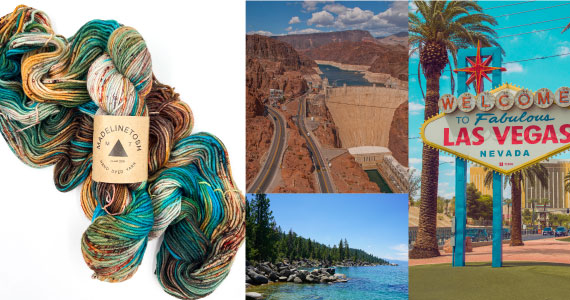 A skein of brown, green, and orange variegated yarn next to a mood board of Nevada