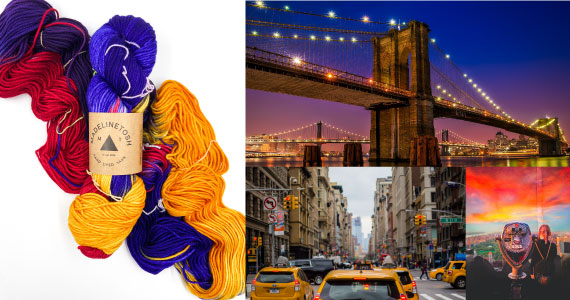 A blue, yellow, and red variegated skein of yarn next to a mood board of New York