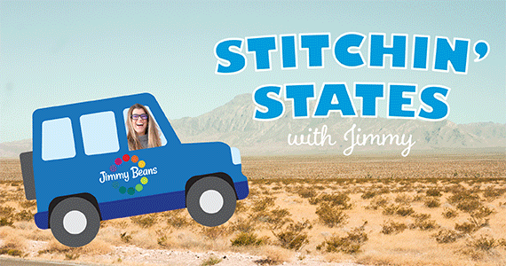 Stitchin' States with Jimmy text with a drawing of a car going to different landmarks