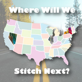 Where Will We Stitch Next? text with a map of the United States
