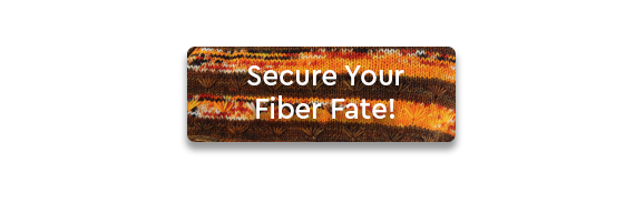 Secure Your Fiber Fate text over a close up shot of orange knit pattern