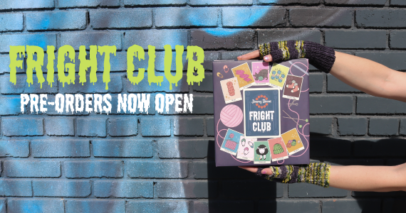 Fright Club Pre-Orders Now Open text with a model wearing crocheted mitts holding a box