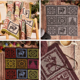 A grid of photos of knit colorwork squares