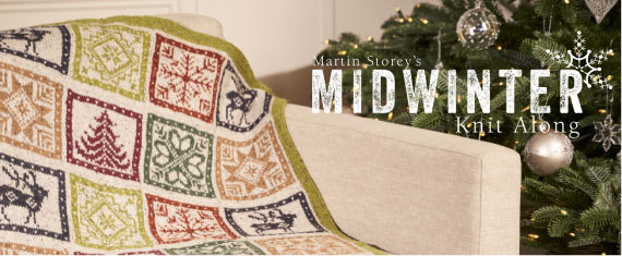 A colorwork knit blanket with the text Midwinter
