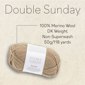Double Sunday 100% Merino Wool DK weight non-superwash 50g/118 yards text next to a brown ball of yarn