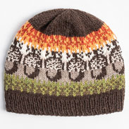A knit up beanie with acorn colorwork