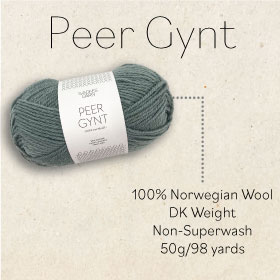 Peer Gynt 100% Norwegian Wool DK weight non-superwash 50g/98 yards texts next to a green ball of yarn