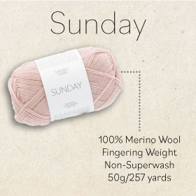 Sunday - 100% Merino Wool fingering weight non-superwash 50g/257 yards text next to a pink ball of yarn