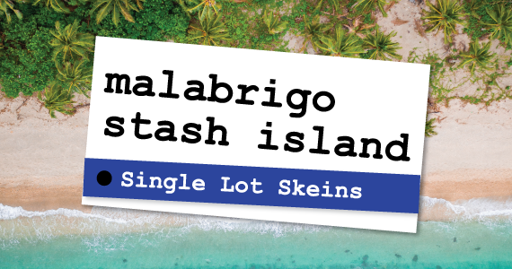 Malabrigo Stash Island Single Lot Skeins text over a coastal background
