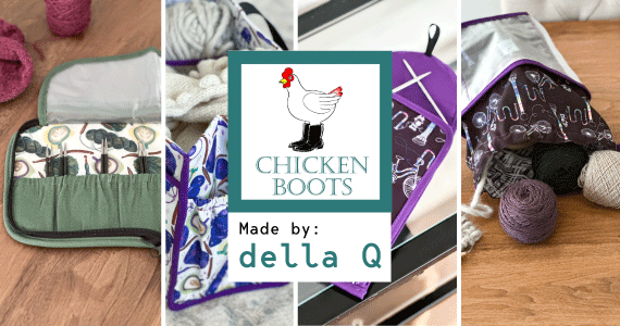 Chicken Boots Made By: della Q with pictures of knitting and crocheting bags/accessories
