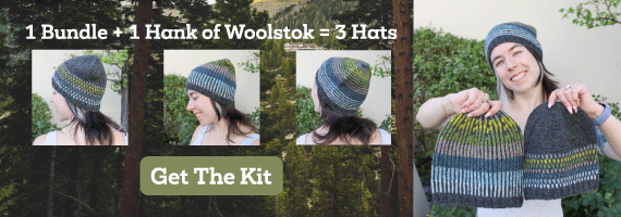 1 Bundle + 1 Hank of Woolstok = 3 hats with a model wearing and holding knit hats