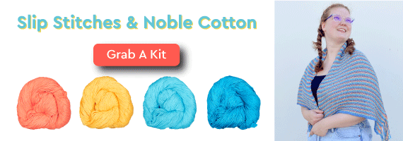 Slip Stitches & Noble Cotton Grab A Kit with a model wearing a striped shawl and four skeins of variegated yarn