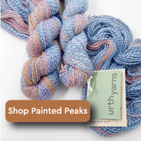 Shop Painted Peaks with three skeins of variegated blue and red yarn