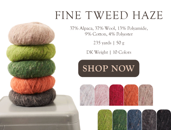 Fine Tweed Haze Shop Now - with swatches of multiple skeins of colorful yarn