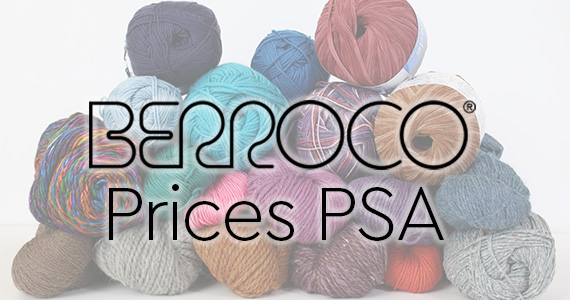 Berroco Prices PSA text over a stack of variegated yarns