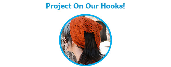 Project On Our Hooks! with a model wearing an orange crocheted head scarf