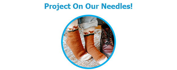Project On Our Needles! with model wearing knit chicken socks