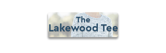 CTA: The Lakewood Tee text over a photo of a model wearing a blue and white knit sweater