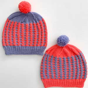 Beginner's Knit Kits for Awesome People - Beginner Slip Stitch Hat - Stonewash + Sugar Coral by Jimmy Beans Wool