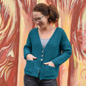 Jimmy Beans Wool Beginner's Knit Kits for Awesome People - Garter Stitch Cardigan - Kale - L (47 inches)
