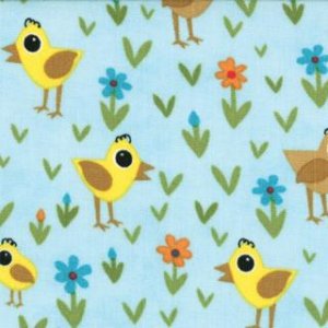 Jenn Ski Oink-A-Doodle-Moo Fabric - Chicks and Daisies - Sky (30525 15)