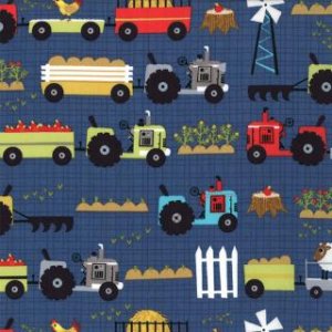 Jenn Ski Oink-A-Doodle-Moo Fabric - Tractor Garden - Denim (30523 17)