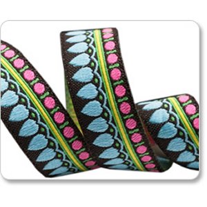 Renaissance Ribbons Amy Butler Ribbon Fabric - Belle Sari Petal Flower - Blue on Brown - 5/8"