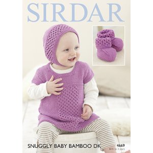 Sirdar Snuggly Baby and Children Patterns - 4669 Bonnet, Booties, and Dress Pattern